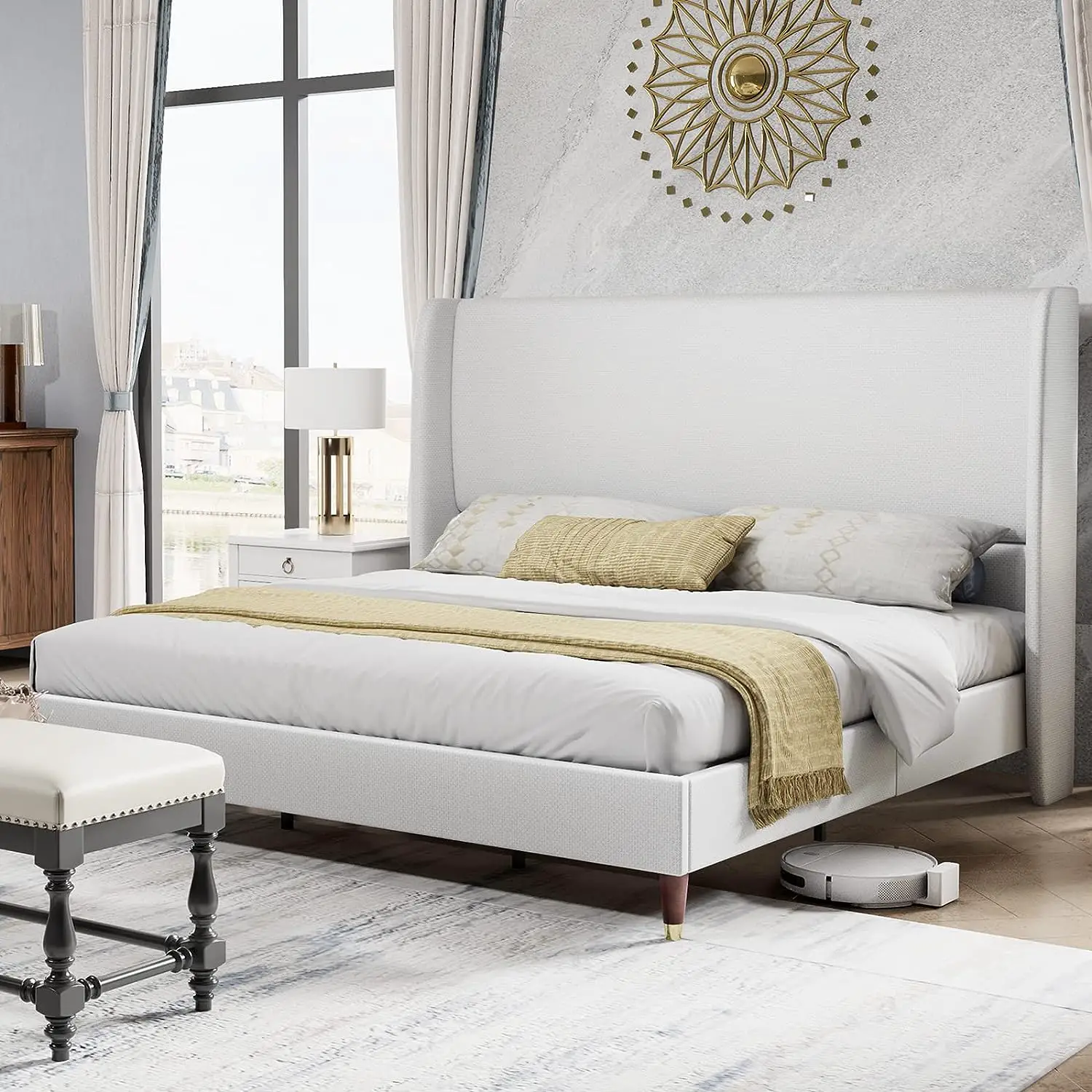 [Open Box] PaPaJet Luxurious White Linen Upholstered Queen Platform Bed ...