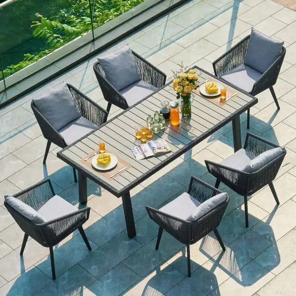 [Open Box] Astomi Deluxe All-Weather Wicker, Aluminum Frame Outdoor Dining Set with Cushions and Garden Table (7 Pieces)