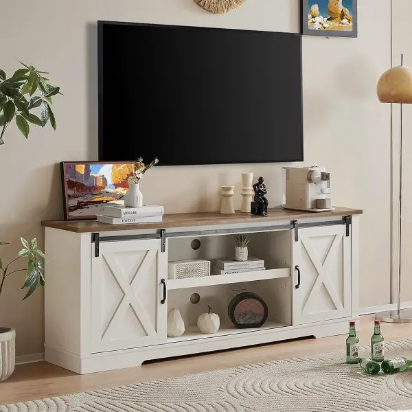 [Open Box] AMERLIFE Distressed White 66 Rustic Farmhouse TV Console, Adjustable Shelfing Unit, Feet & Ample Storage, Accommodates 75 TVs, adorned with Sliding Barn-Door Style Entertainment Center.