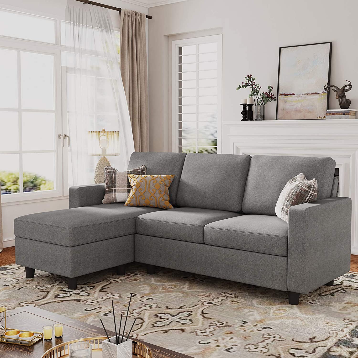 [Open Box] HONBAY Compact Grey LShaped Sofa, Convertible Sectional