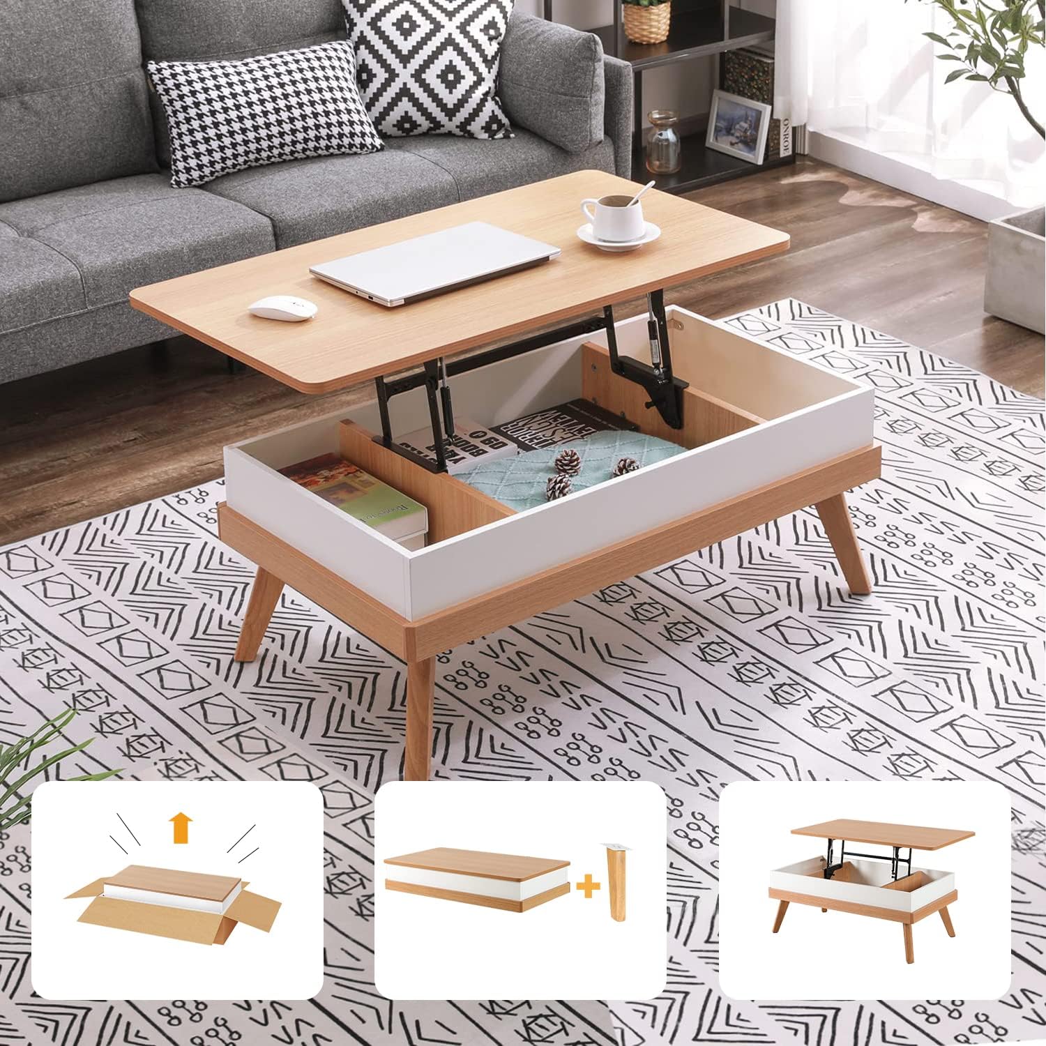 [Open Box] Bidiso Oak LiftTop Coffee Table and Dining Center with
